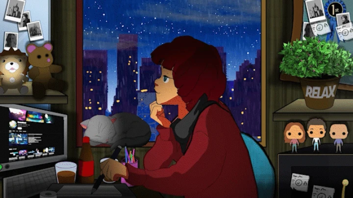 Red-Haired Girl Drawing Raining Loop (2023)