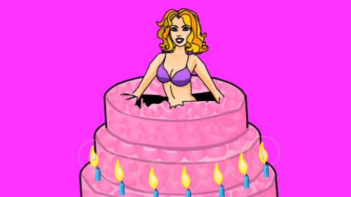 girl pops out of a cake