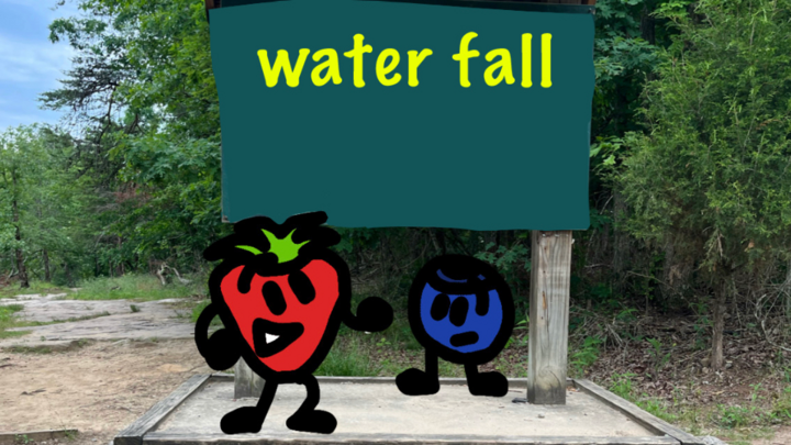 Strawberry and blueberry go to a waterfall