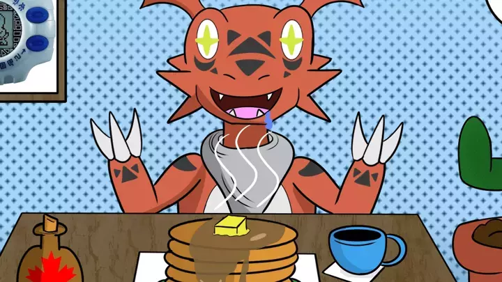 Blows up pancakes with mind Digimon edition
