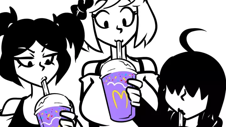 Mona, Bonnie, and Ren try the Grimace Shake
