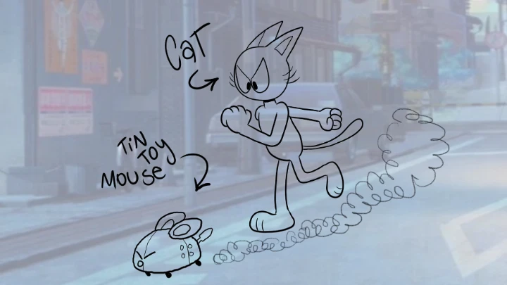 cat chasing a tin toy mouse (2021)