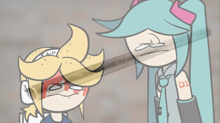 hatsune miku hits len with a metal pipe.