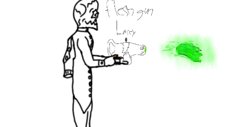 Jetpack skeleton Larry trying out Flesh Gun Larry