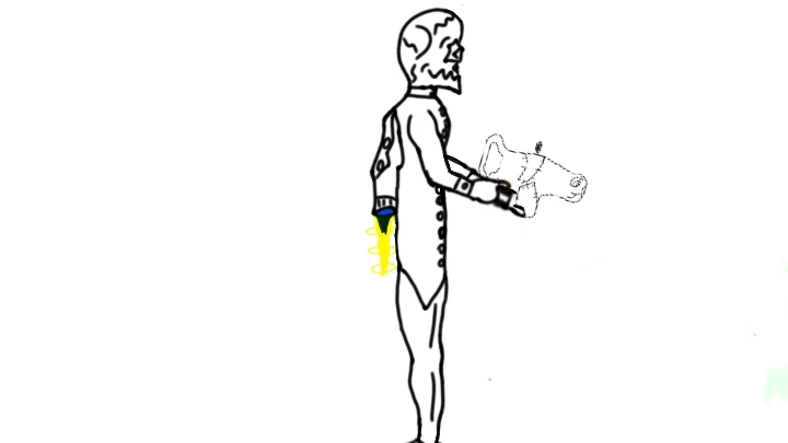 Jetpack Larry flying with his Fleshgun Larry